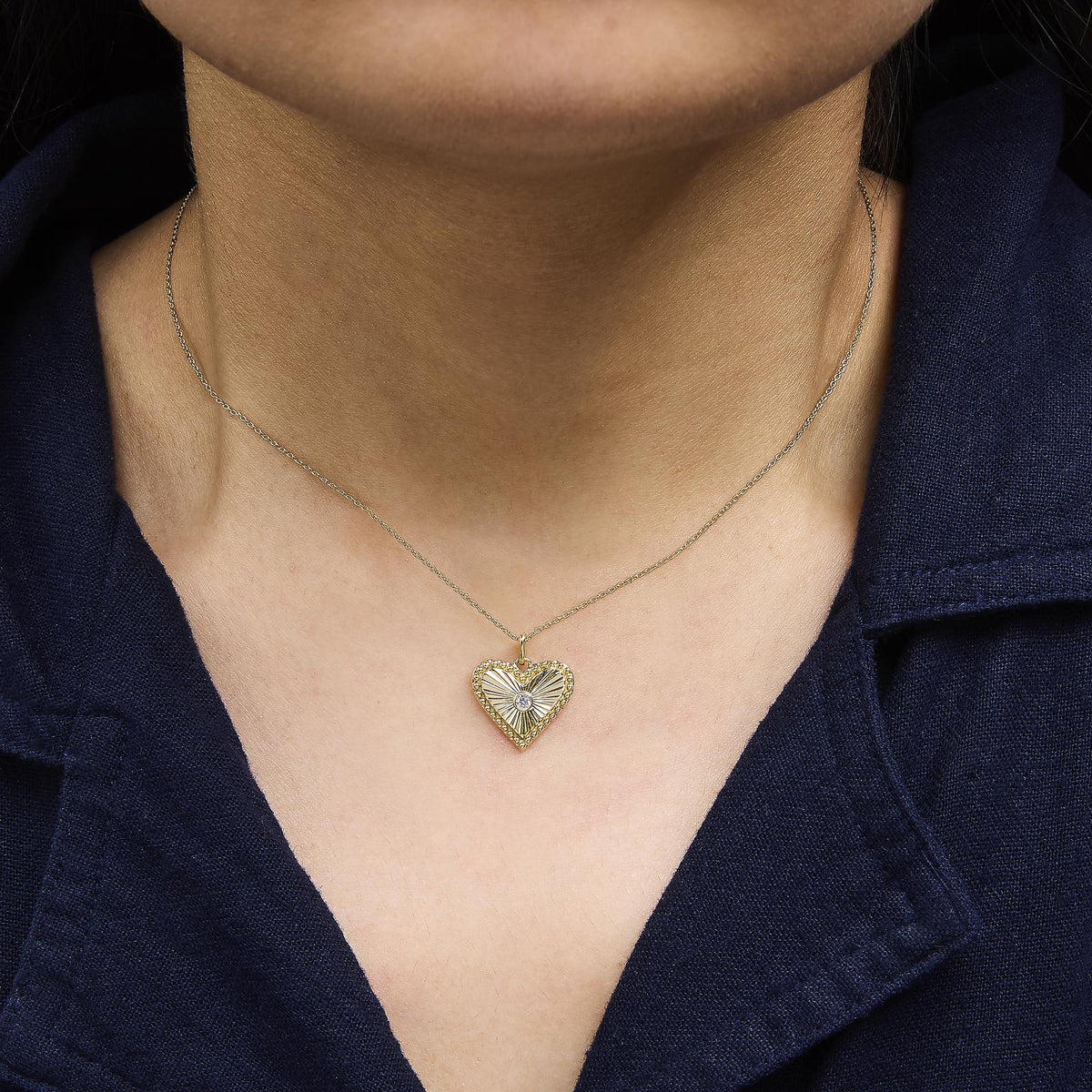 14K Yellow Gold Diamond Accent Heart Fluted Medallion Pendant Necklace