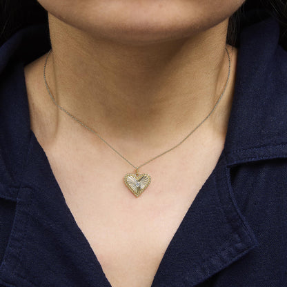 14K Yellow Gold Diamond Accent Heart Fluted Medallion Pendant Necklace
