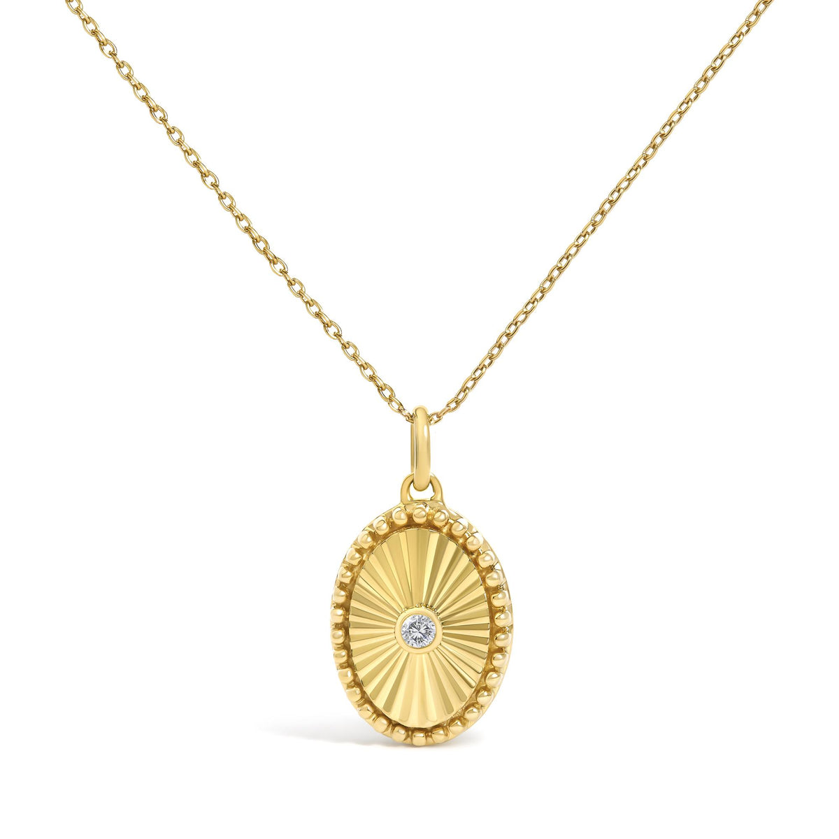 14K Yellow Gold Diamond Accent Oval Fluted Medallion Pendant Necklace