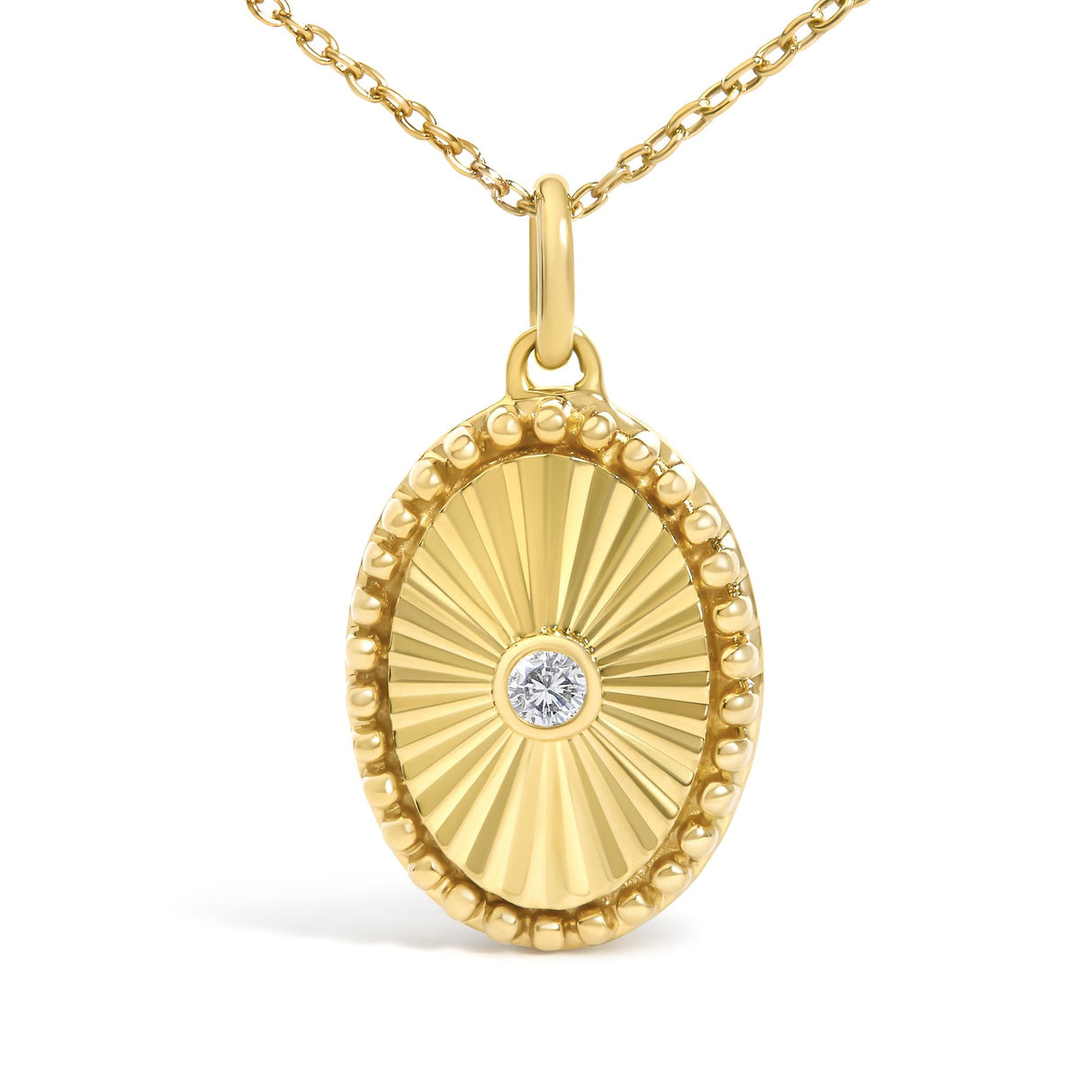 14K Yellow Gold Diamond Accent Oval Fluted Medallion Pendant Necklace