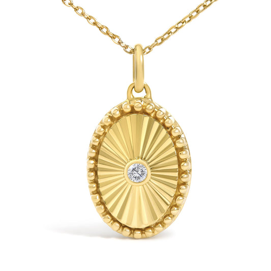 14K Yellow Gold Diamond Accent Oval Fluted Medallion Pendant Necklace