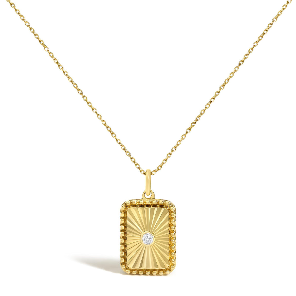 14K Yellow Gold Diamond Accent Rectangular Fluted Medallion Pendant Necklace