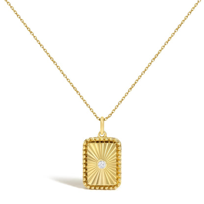 14K Yellow Gold Diamond Accent Rectangular Fluted Medallion Pendant Necklace