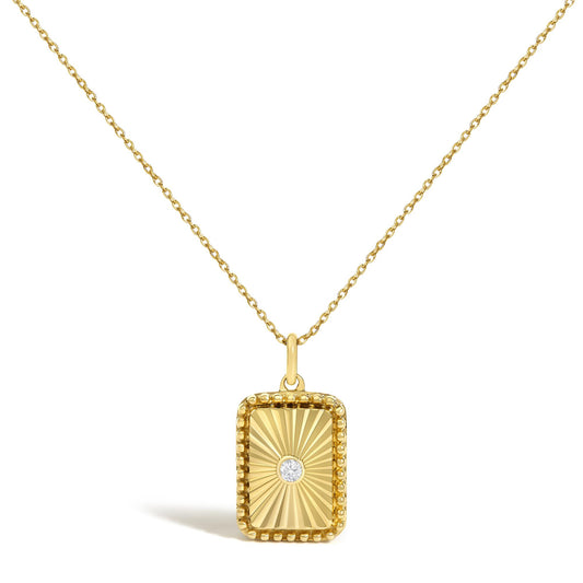 14K Yellow Gold Diamond Accent Rectangular Fluted Medallion Pendant Necklace