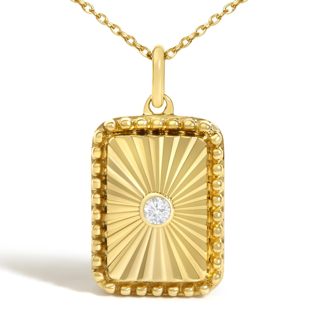 14K Yellow Gold Diamond Accent Rectangular Fluted Medallion Pendant Necklace