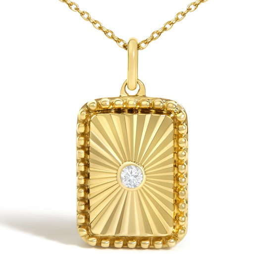 14K Yellow Gold Diamond Accent Rectangular Fluted Medallion Pendant Necklace