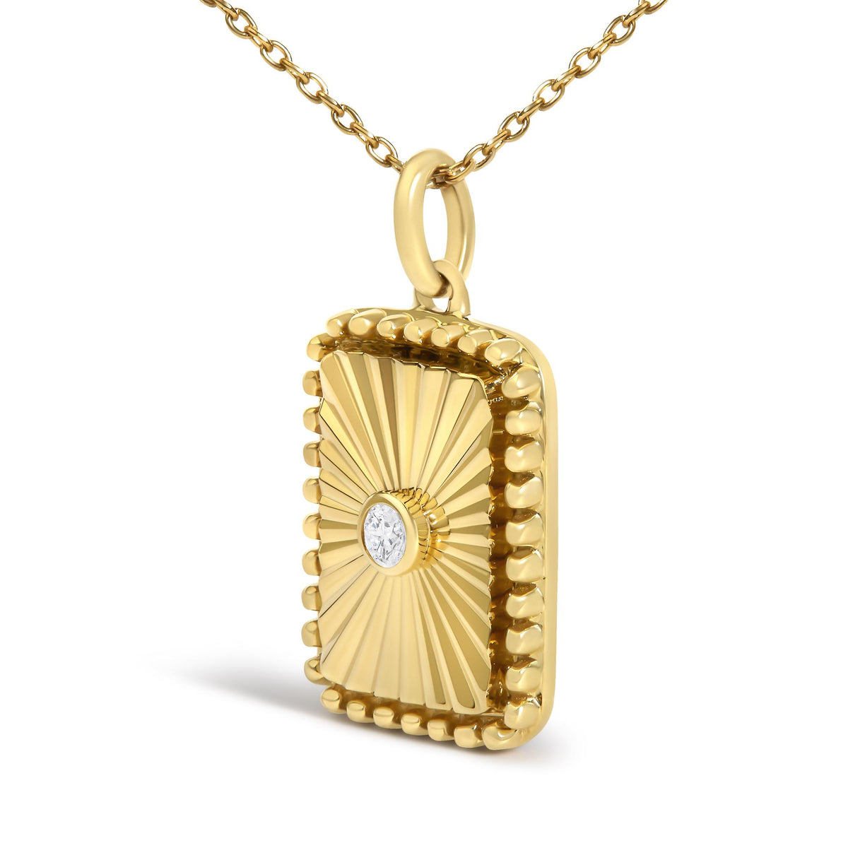 14K Yellow Gold Diamond Accent Rectangular Fluted Medallion Pendant Necklace