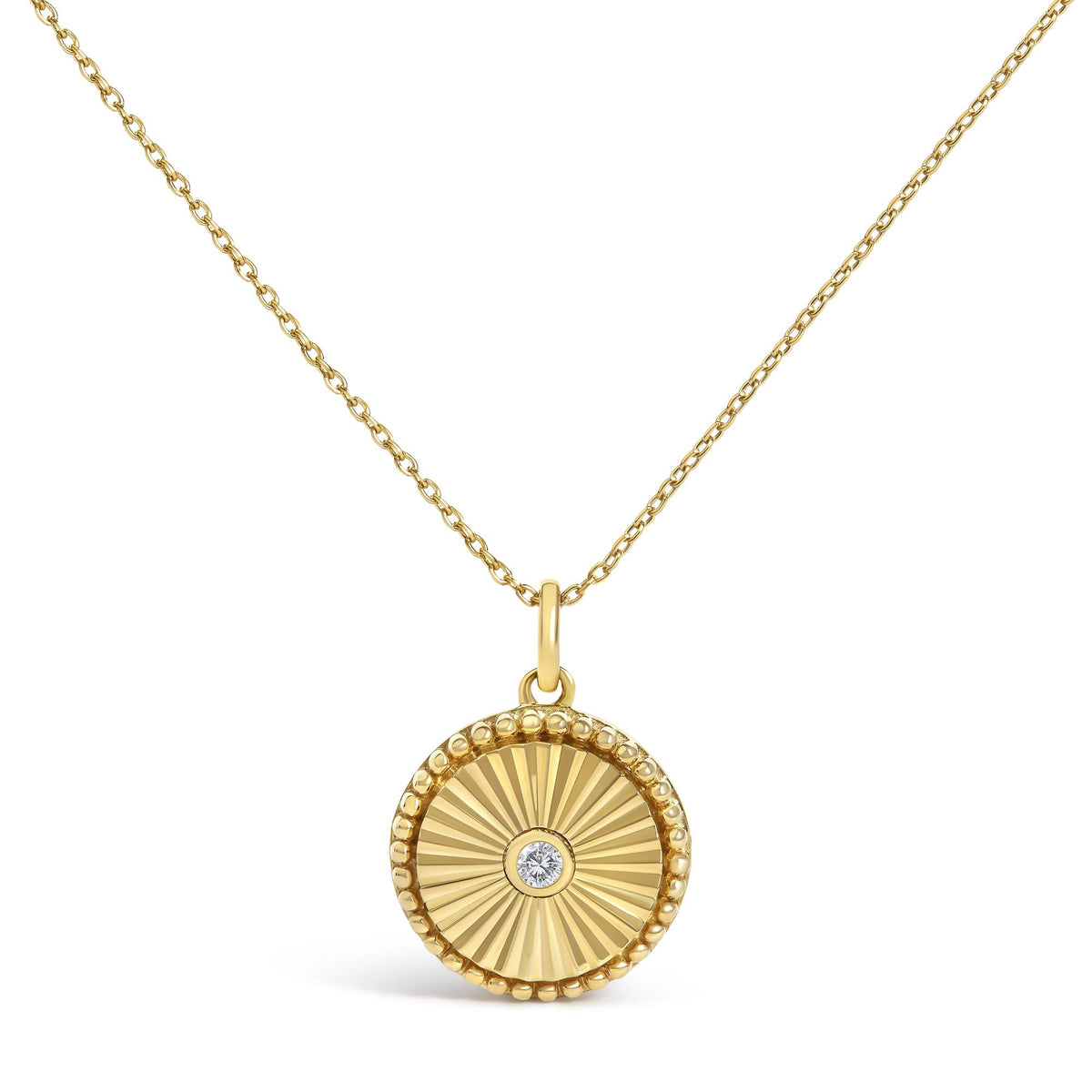 14K Yellow Gold Diamond Accent Circle Fluted Medallion Pendant Necklace