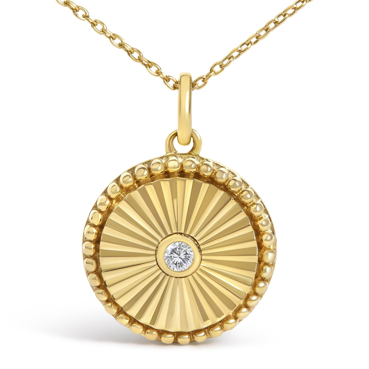 14K Yellow Gold Diamond Accent Circle Fluted Medallion Pendant Necklace