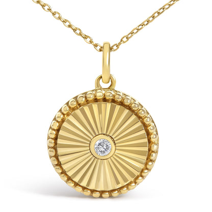 14K Yellow Gold Diamond Accent Circle Fluted Medallion Pendant Necklace