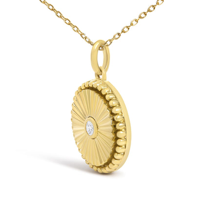 14K Yellow Gold Diamond Accent Circle Fluted Medallion Pendant Necklace