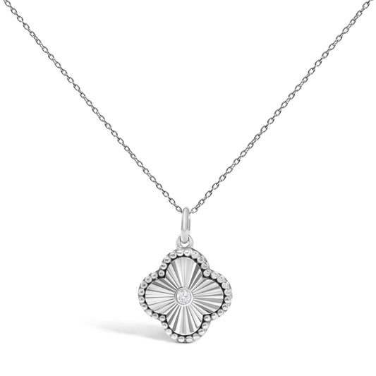 10K White Gold Diamond Accent Clover Fluted Pendant Necklace