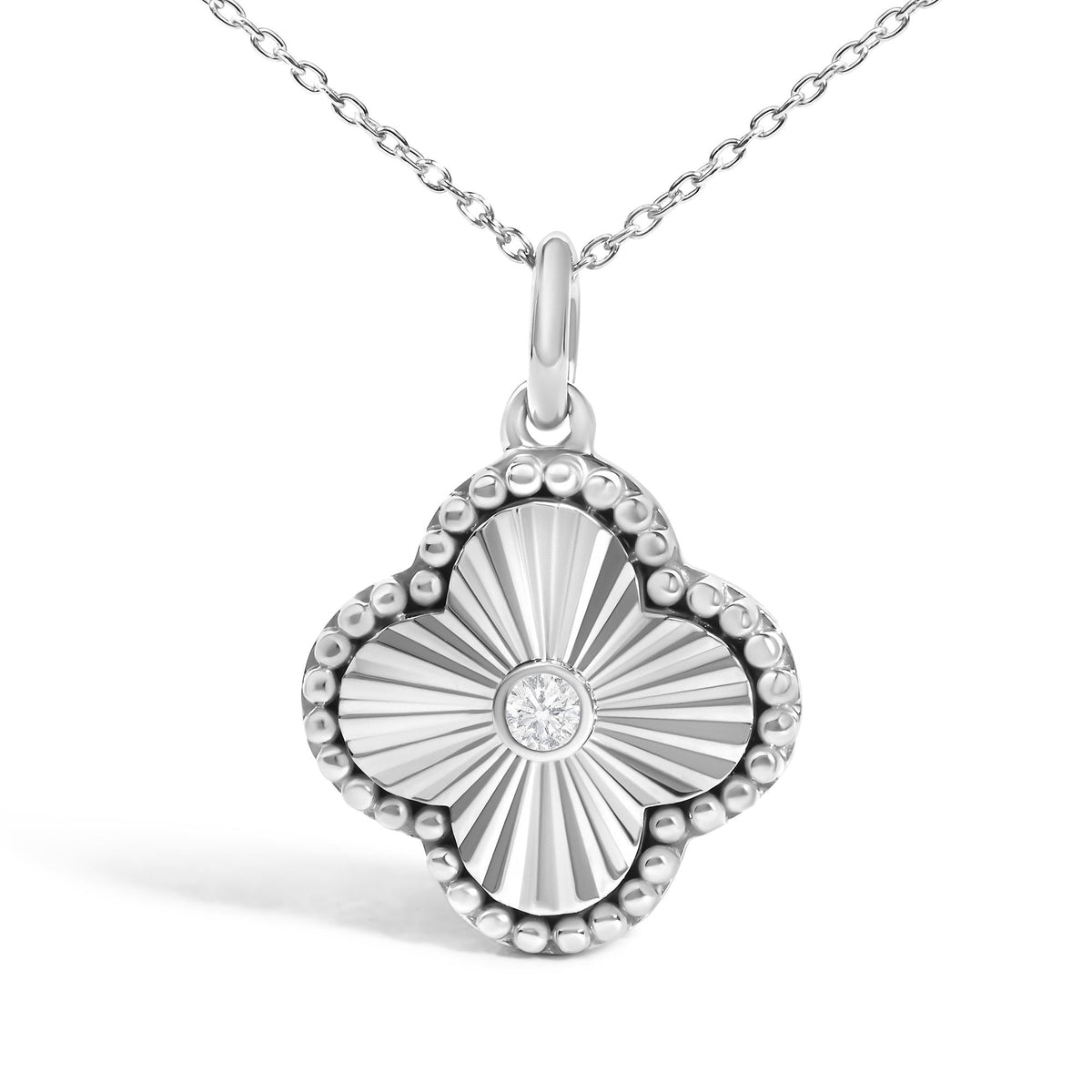 10K White Gold Diamond Accent Clover Fluted Pendant Necklace