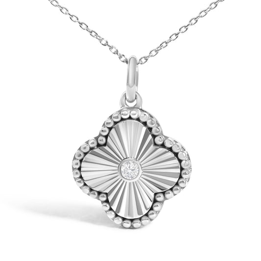 10K White Gold Diamond Accent Clover Fluted Pendant Necklace