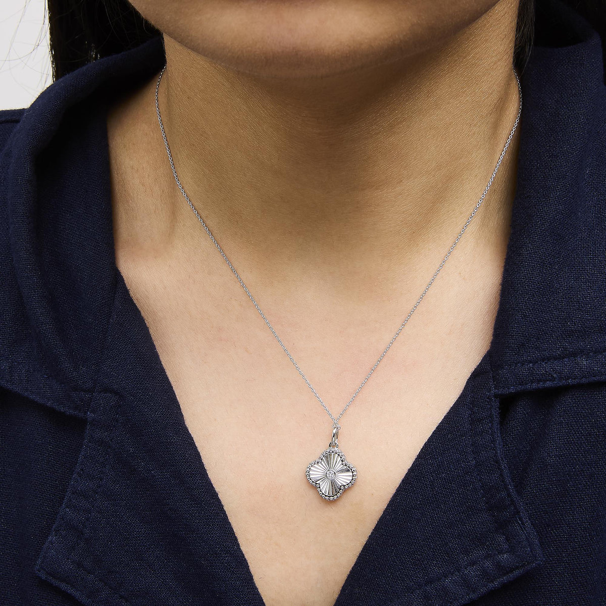10K White Gold Diamond Accent Clover Fluted Pendant Necklace