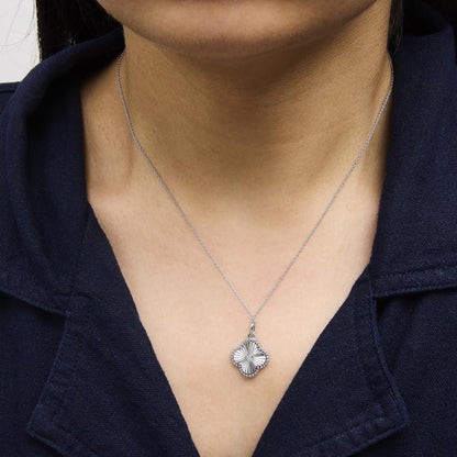 10K White Gold Diamond Accent Clover Fluted Pendant Necklace