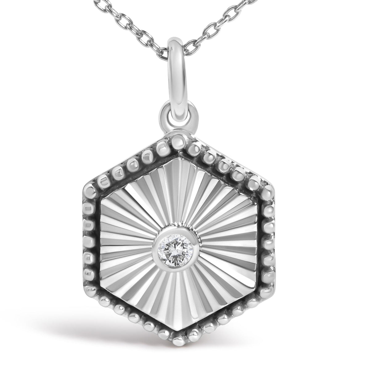 10K White Gold Diamond Accent Hexagon Fluted Medallion Pendant Necklace