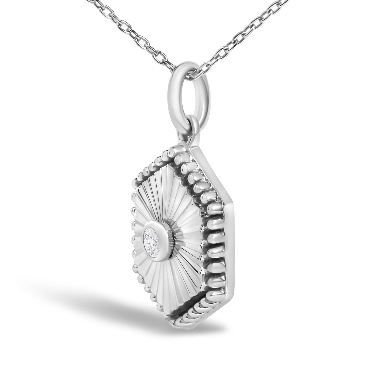 10K White Gold Diamond Accent Hexagon Fluted Medallion Pendant Necklace