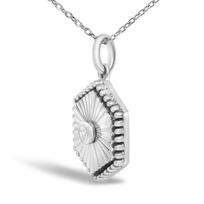 10K White Gold Diamond Accent Hexagon Fluted Medallion Pendant Necklace