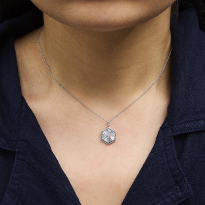 10K White Gold Diamond Accent Hexagon Fluted Medallion Pendant Necklace