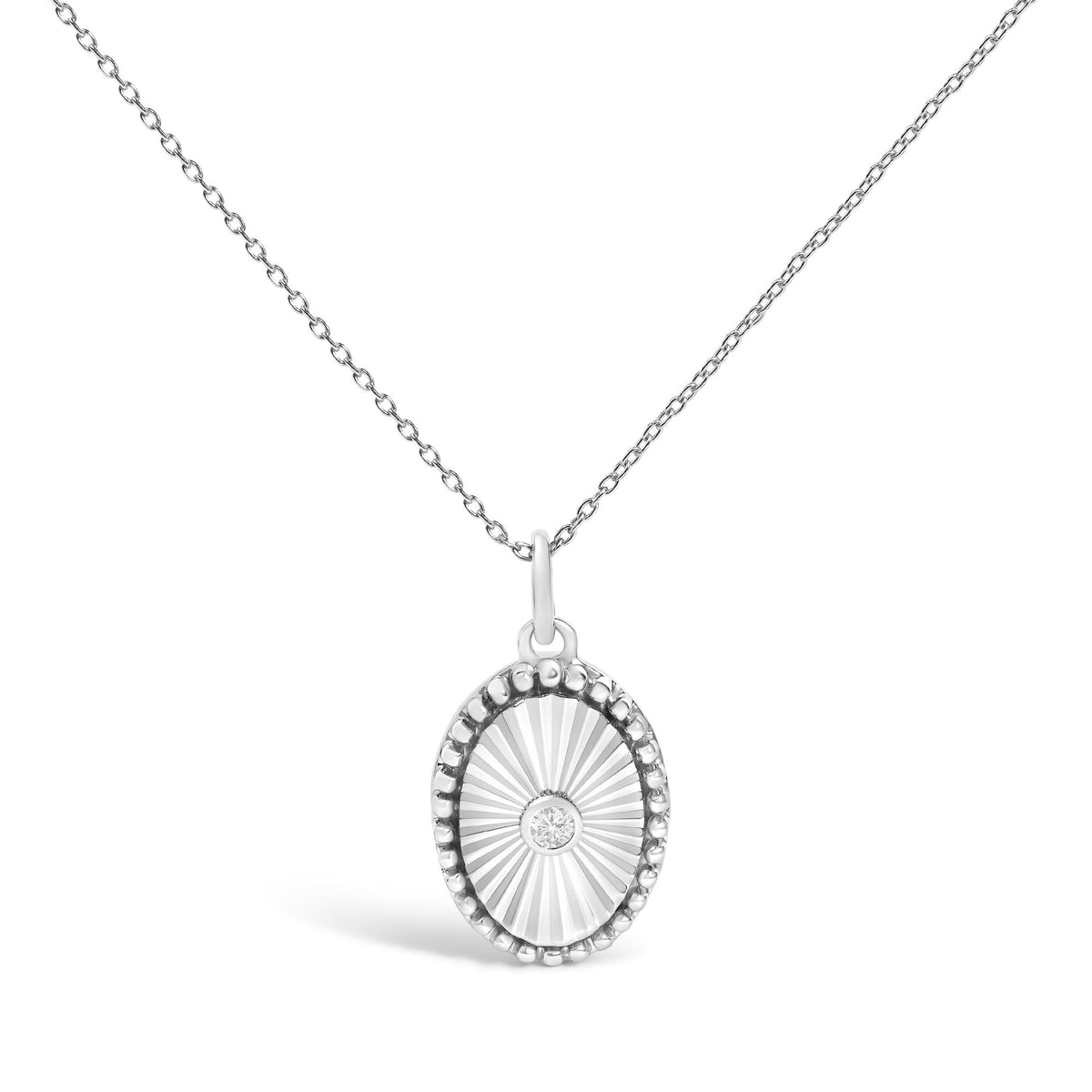 10K White Gold Diamond Accent Oval Fluted Medallion Pendant Necklace