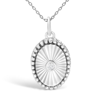 10K White Gold Diamond Accent Oval Fluted Medallion Pendant Necklace