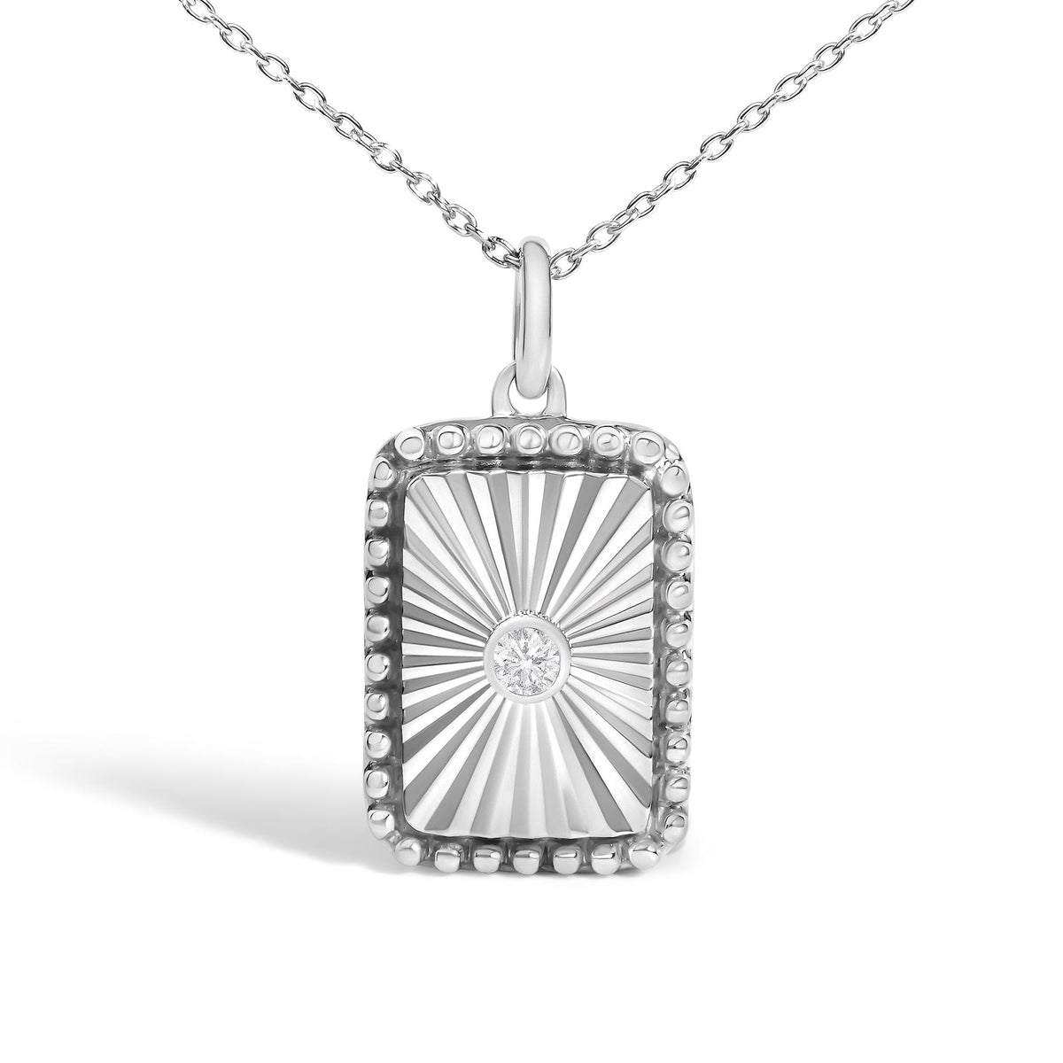 10K White Gold Diamond Accent Rectangular Shape Medallion Pendant Necklace