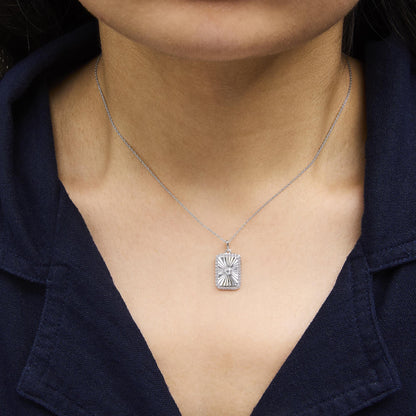 10K White Gold Diamond Accent Rectangular Shape Medallion Pendant Necklace