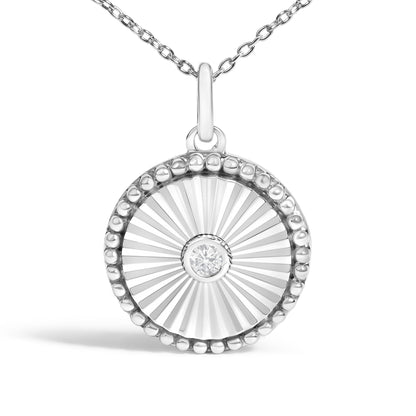 10K White Gold Diamond Accent Round Fluted Medallion Pendant Necklace
