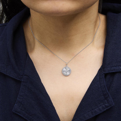 10K White Gold Diamond Accent Round Fluted Medallion Pendant Necklace