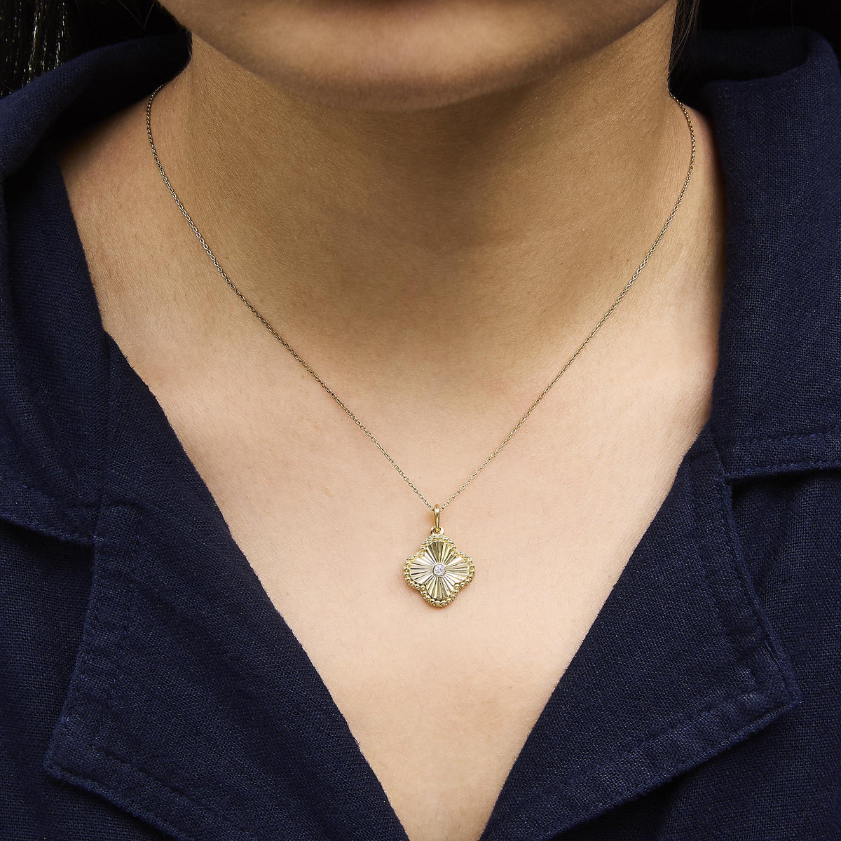 10K Yellow Gold Diamond Accent Clover Fluted Pendant Necklace