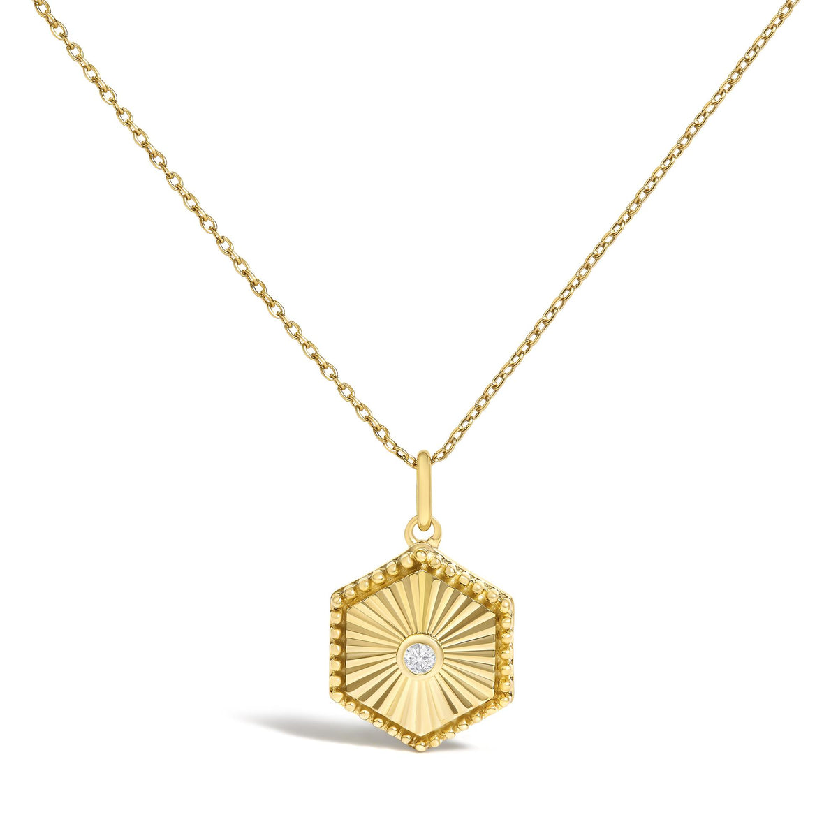 10K Yellow Gold Diamond Accent Hexagonal Fluted Medallion Pendant Necklace