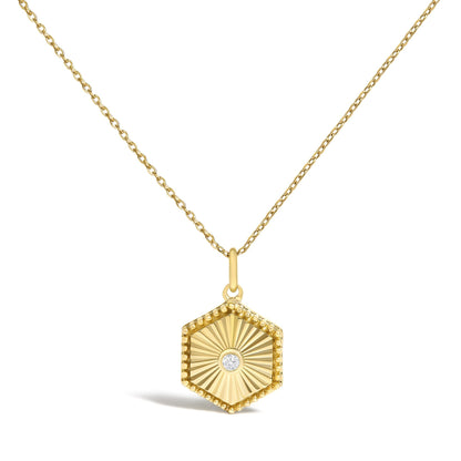 10K Yellow Gold Diamond Accent Hexagonal Fluted Medallion Pendant Necklace