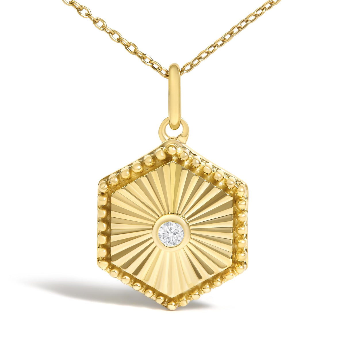 10K Yellow Gold Diamond Accent Hexagonal Fluted Medallion Pendant Necklace