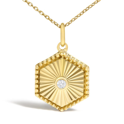 10K Yellow Gold Diamond Accent Hexagonal Fluted Medallion Pendant Necklace