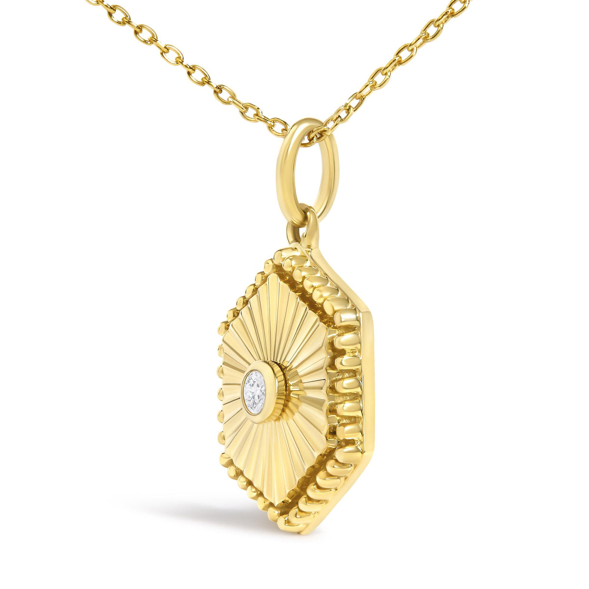 10K Yellow Gold Diamond Accent Hexagonal Fluted Medallion Pendant Necklace