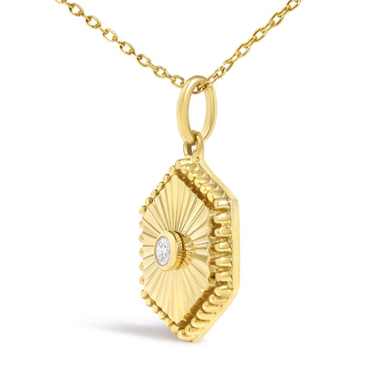 10K Yellow Gold Diamond Accent Hexagonal Fluted Medallion Pendant Necklace