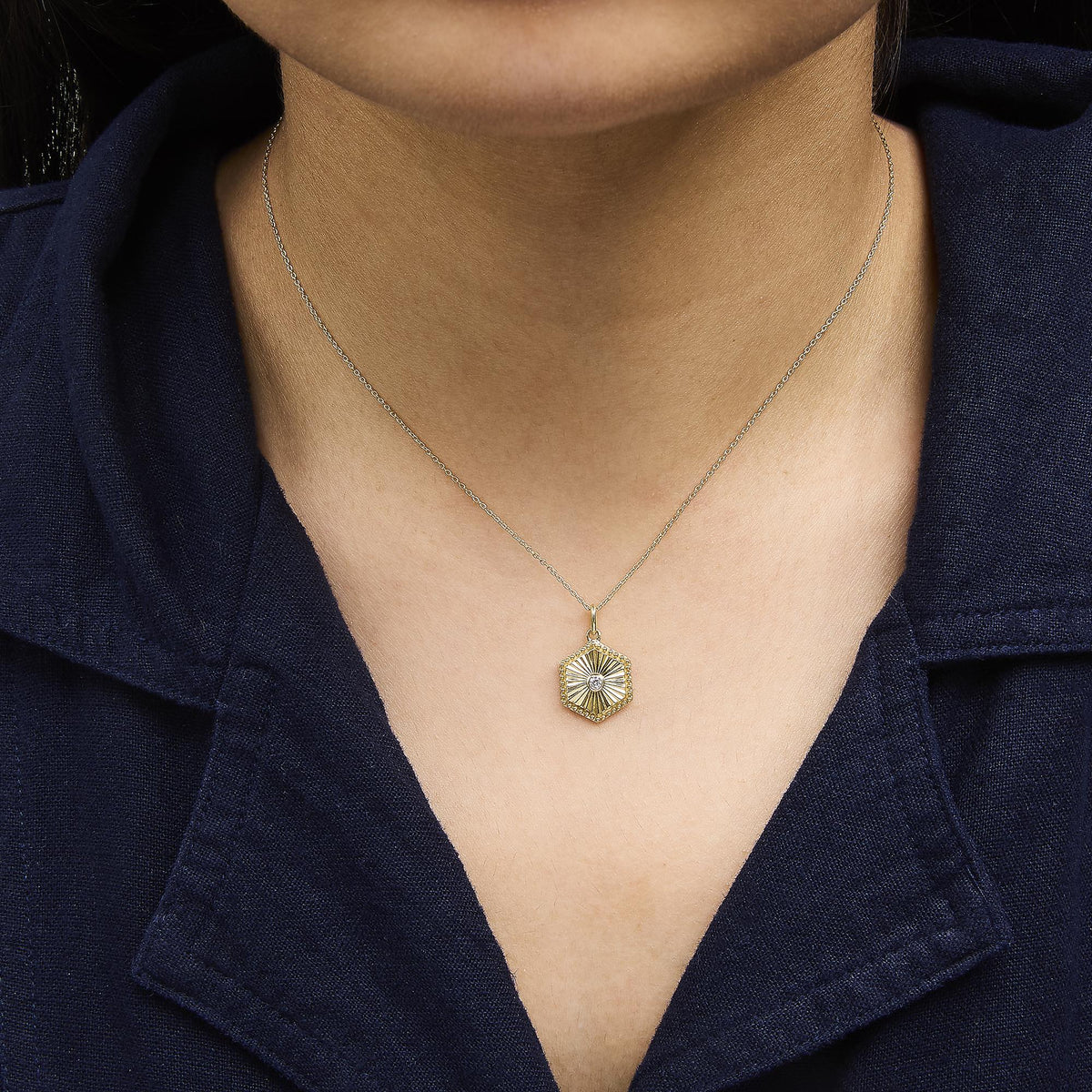 10K Yellow Gold Diamond Accent Hexagonal Fluted Medallion Pendant Necklace