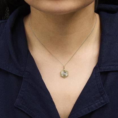 10K Yellow Gold Diamond Accent Hexagonal Fluted Medallion Pendant Necklace