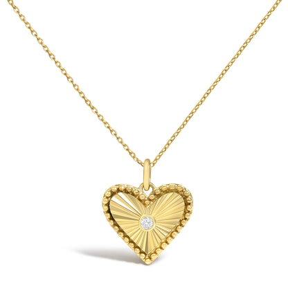 10K Yellow Gold Diamond Accent Heart Medallion Fluted Pendant Necklace