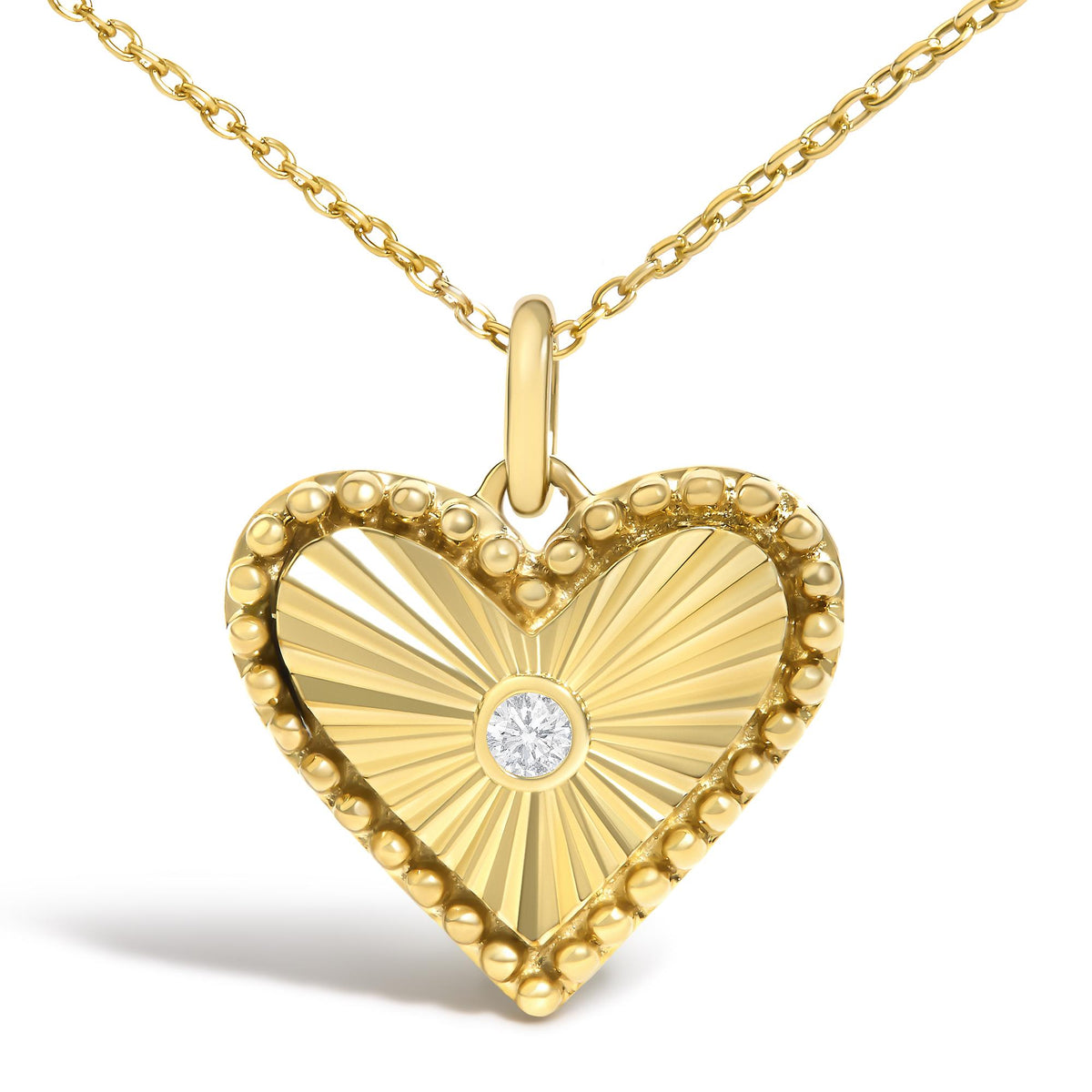 10K Yellow Gold Diamond Accent Heart Medallion Fluted Pendant Necklace