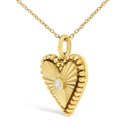 10K Yellow Gold Diamond Accent Heart Medallion Fluted Pendant Necklace
