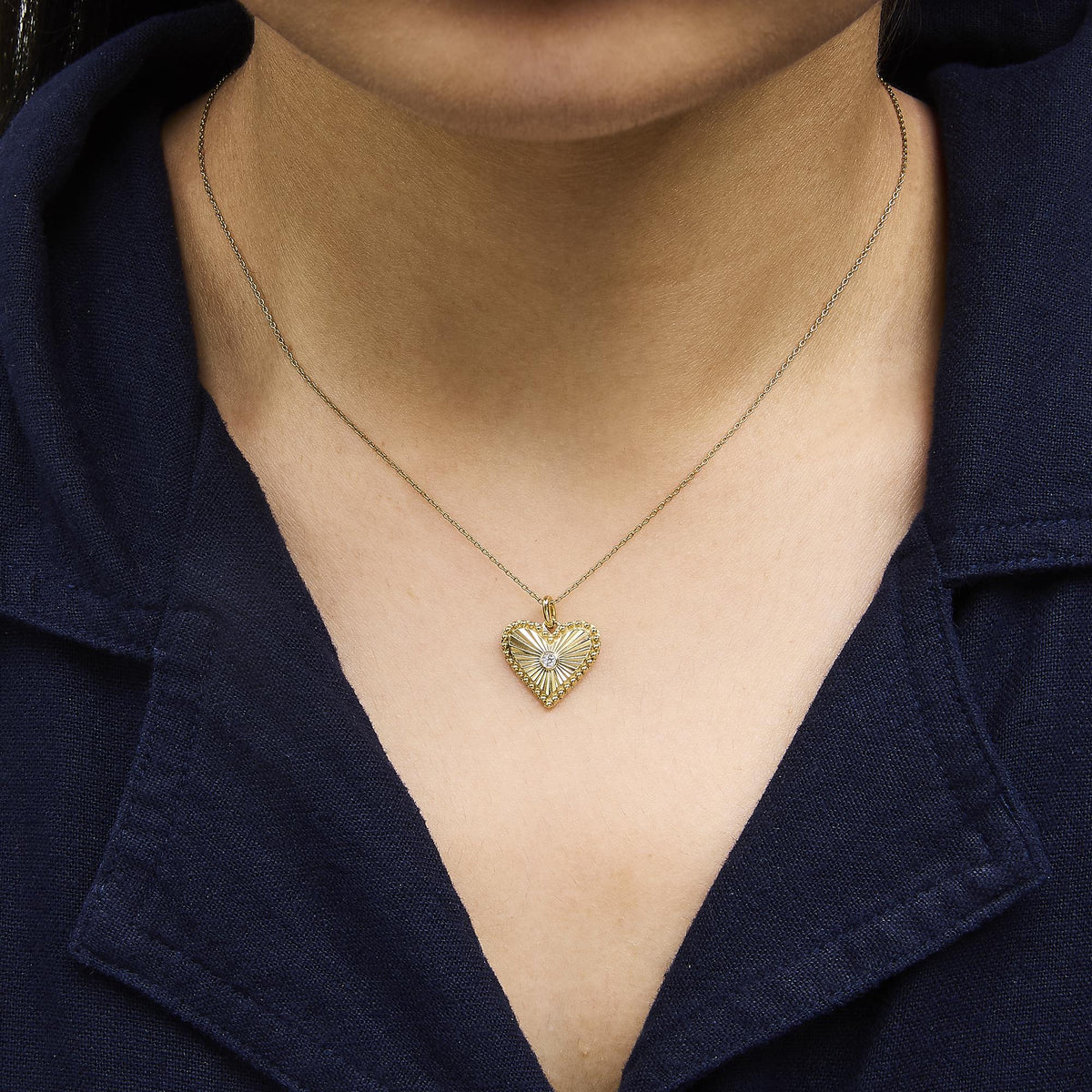 10K Yellow Gold Diamond Accent Heart Medallion Fluted Pendant Necklace