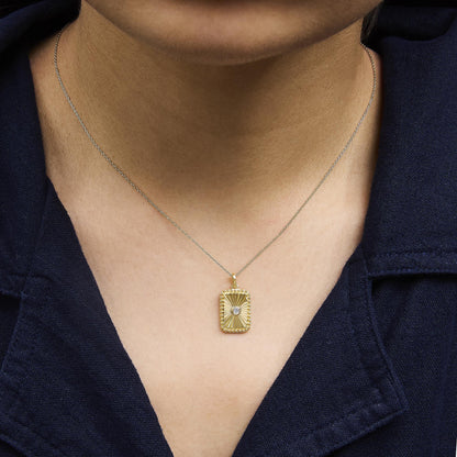 10K Yellow Gold Diamond Accent Rectangular Fluted Medallion Pendant Necklace