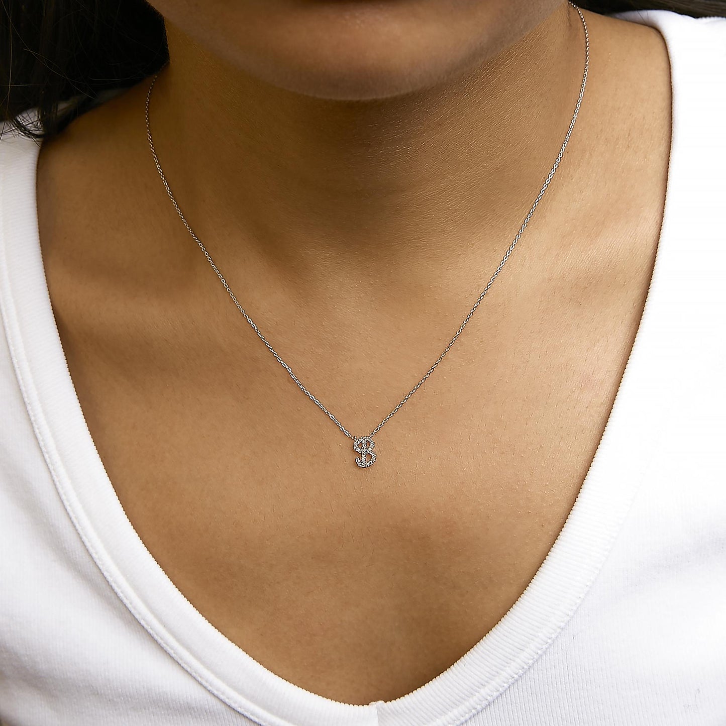 10K White Gold Diamond Accent  A-Z Initial Script Style Pendant Necklace