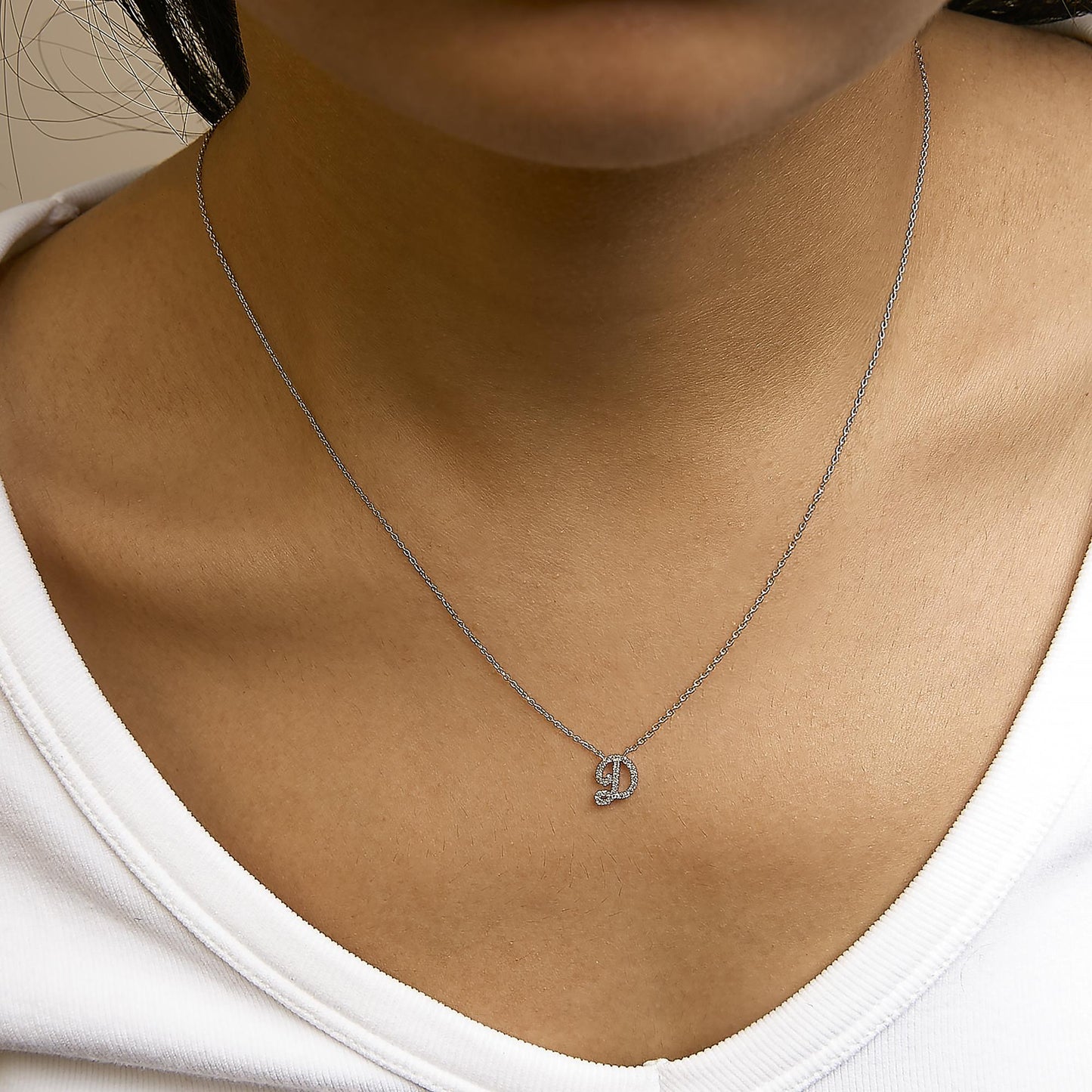 10K White Gold Diamond Accent  A-Z Initial Script Style Pendant Necklace