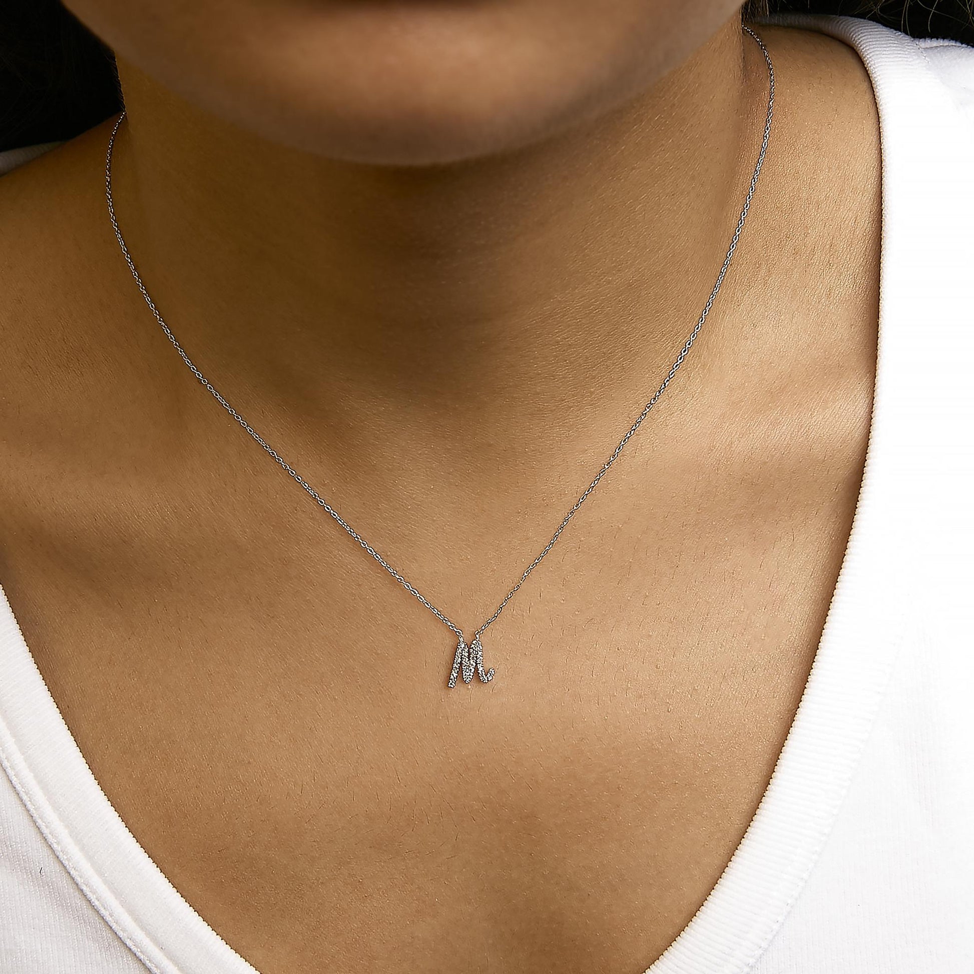 10K White Gold Diamond Accent  A-Z Initial Script Style Pendant Necklace