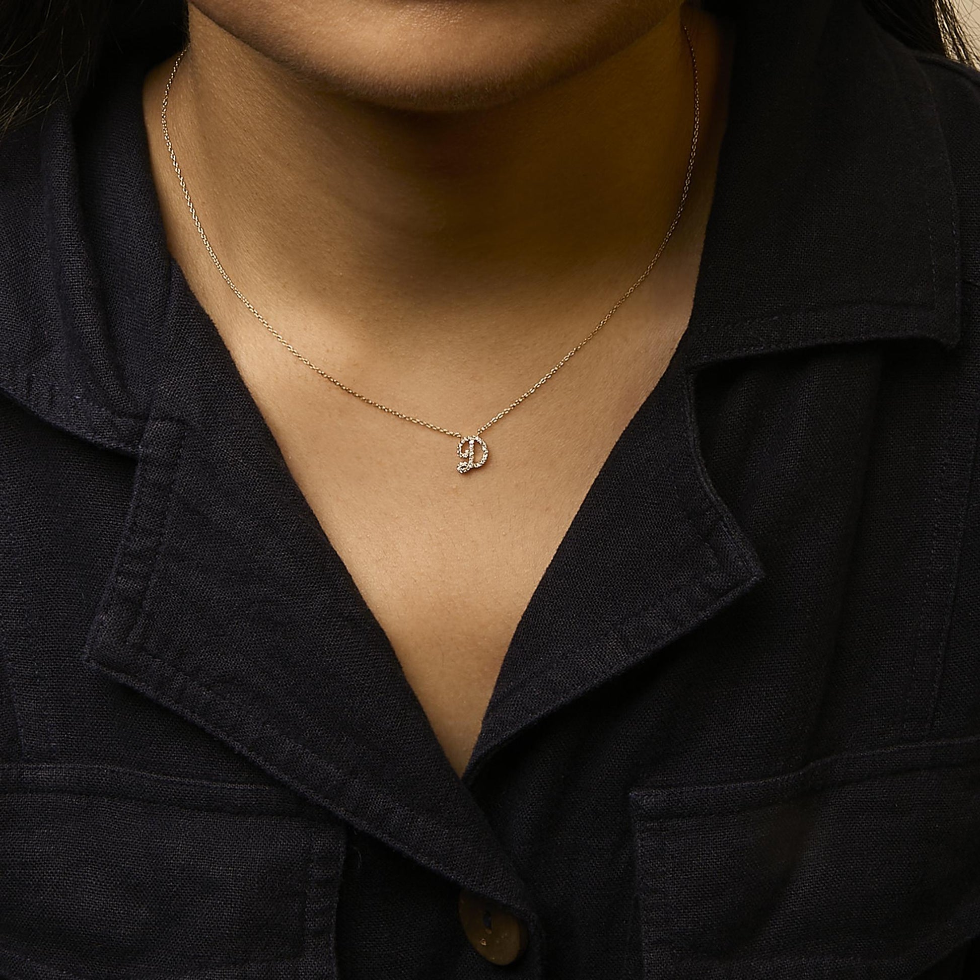 10K Yellow Gold Diamond Accent  A-Z Initial Script Style Pendant Necklace