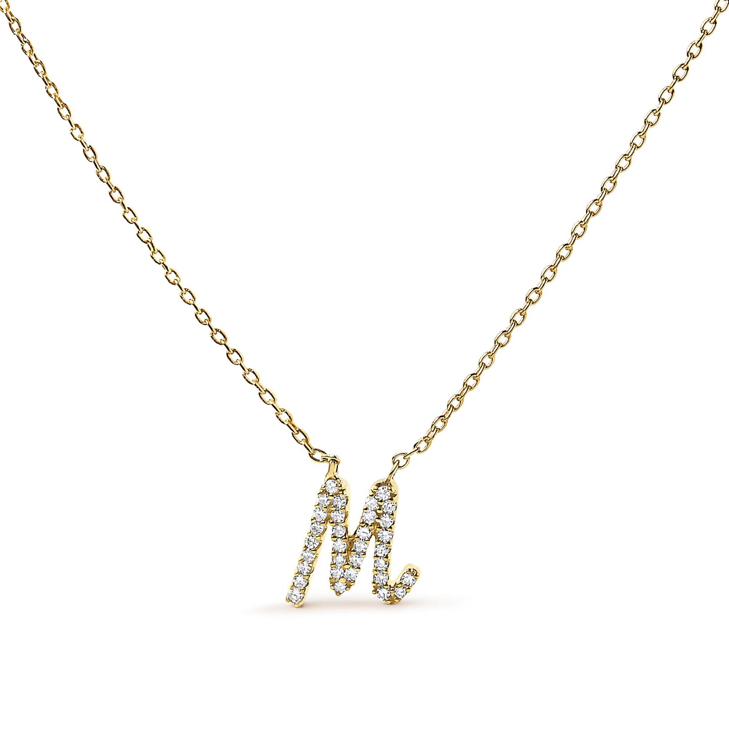 Front-facing shot of a yellow metal necklace with a pendant in the shape of the letter M, adorned with small white gemstones in a micro-pave setting.