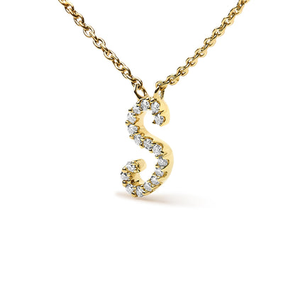 Yellow metal necklace with a pendant in the shape of the letter 'S' adorned with white gemstones, shown in a front close-up angle.
